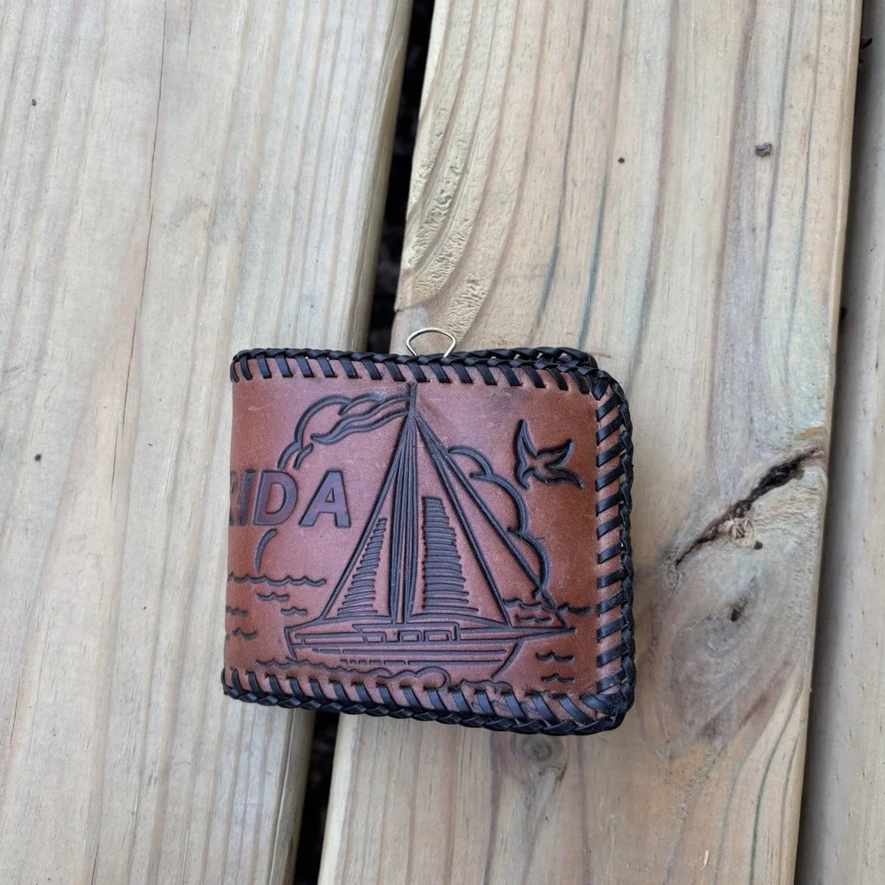 Vintage Leather Wallet Sportsman Hand Tooled Whipstitch USA Made Bifold Florida